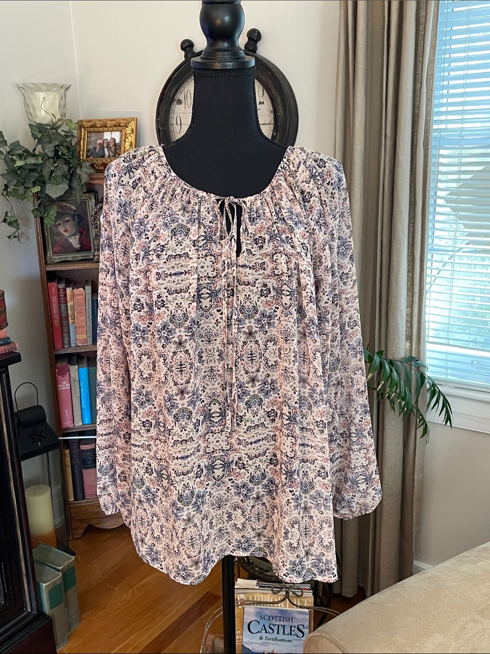 CAbi Pink and Navy Floral Peasant Tunic